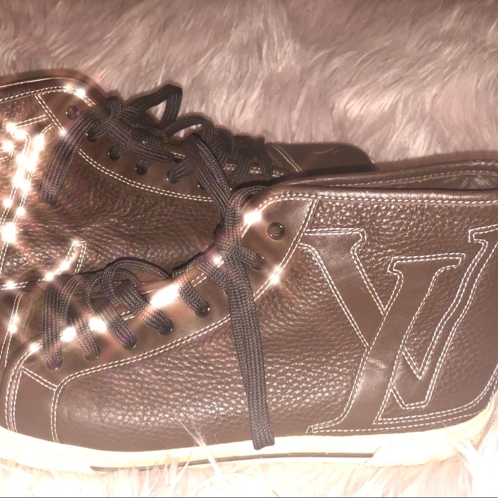 Brown & White Leather LV Laced High Top Sneakers